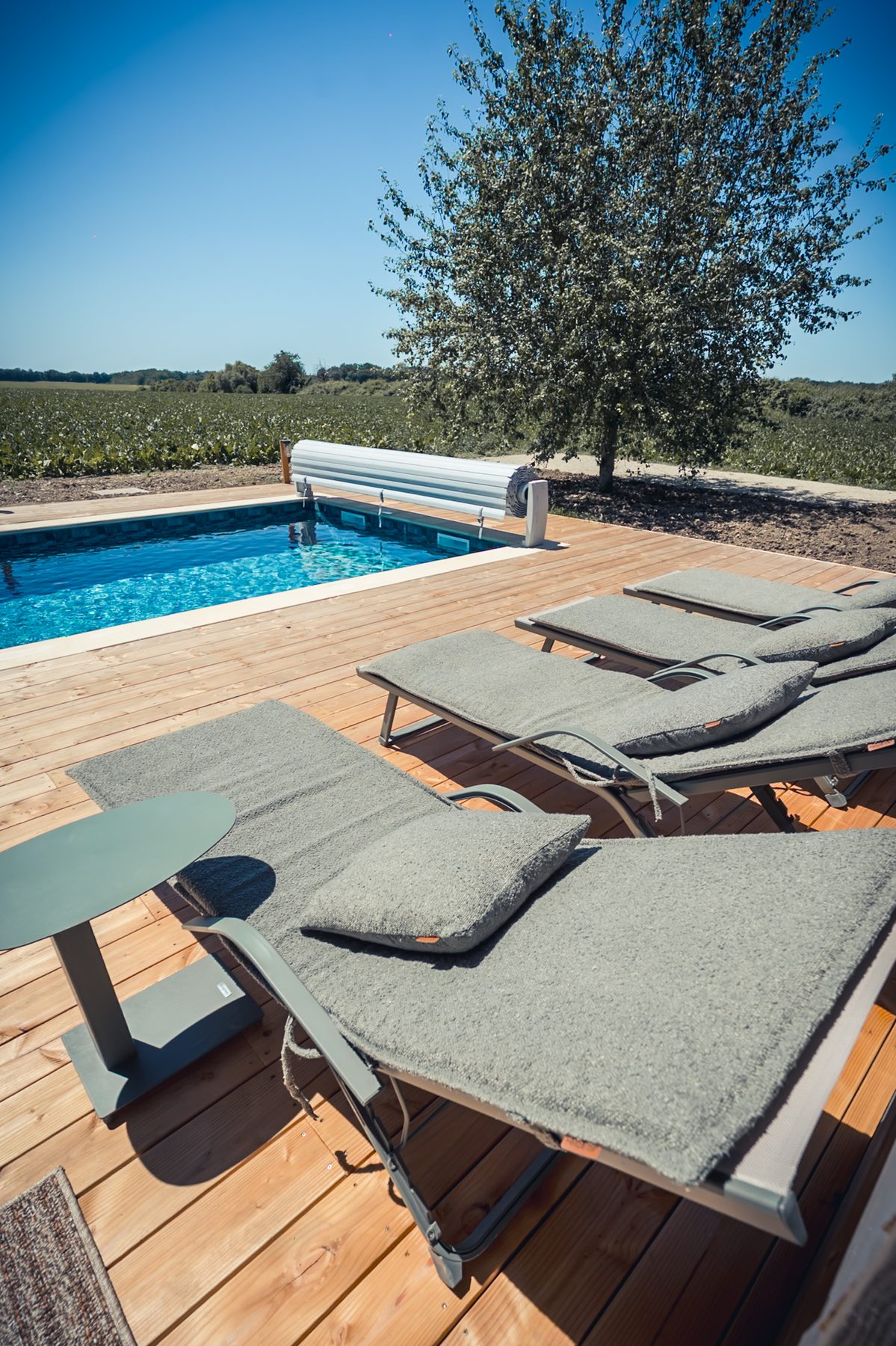 Piscine privée avec transats en bois